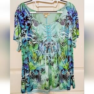 Womens 1X One World Abstract Art Pintuck Flowy Spring Top